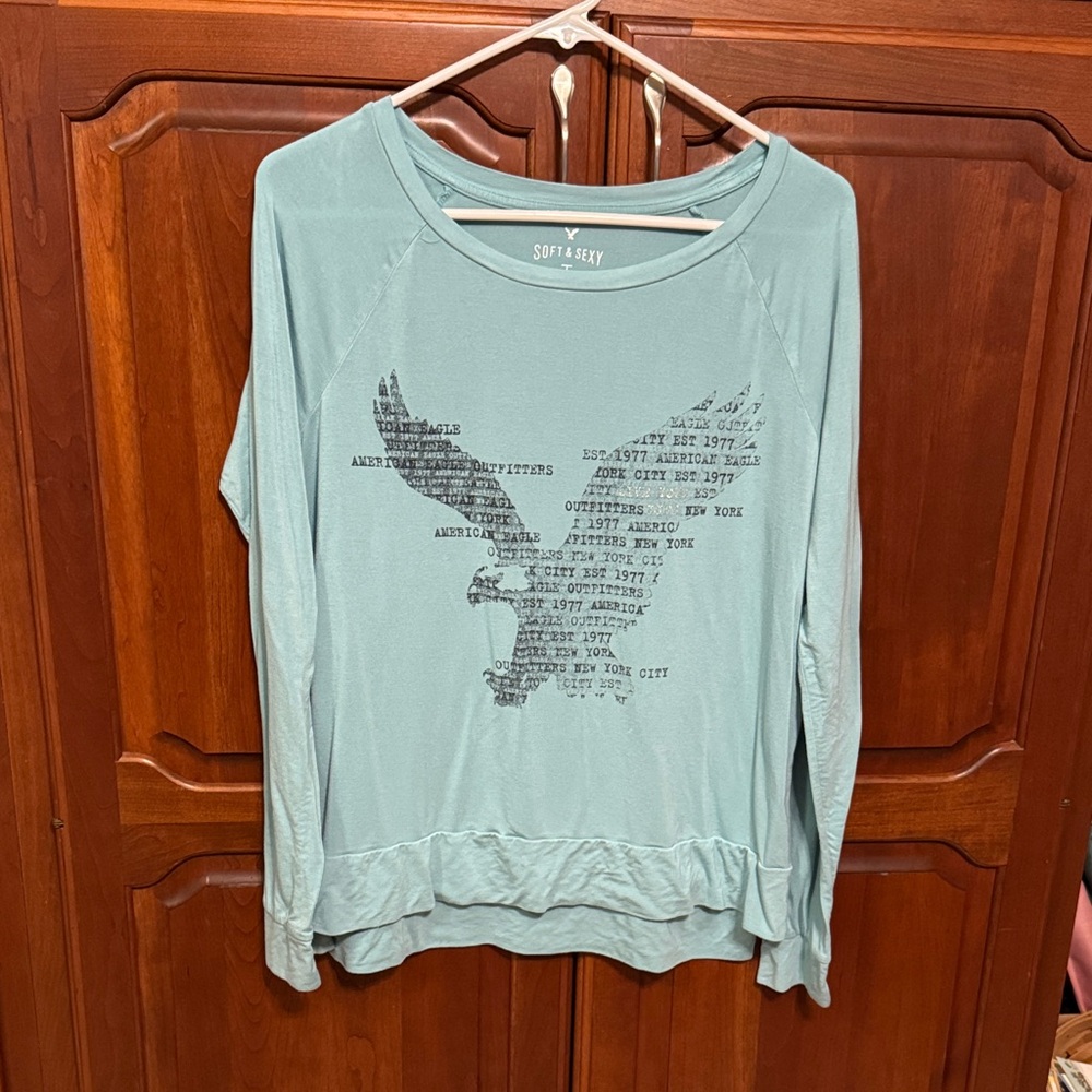 American Eagle Outfitters Light Teal Graphic Long Sleeve Soft & Sexy Top size M